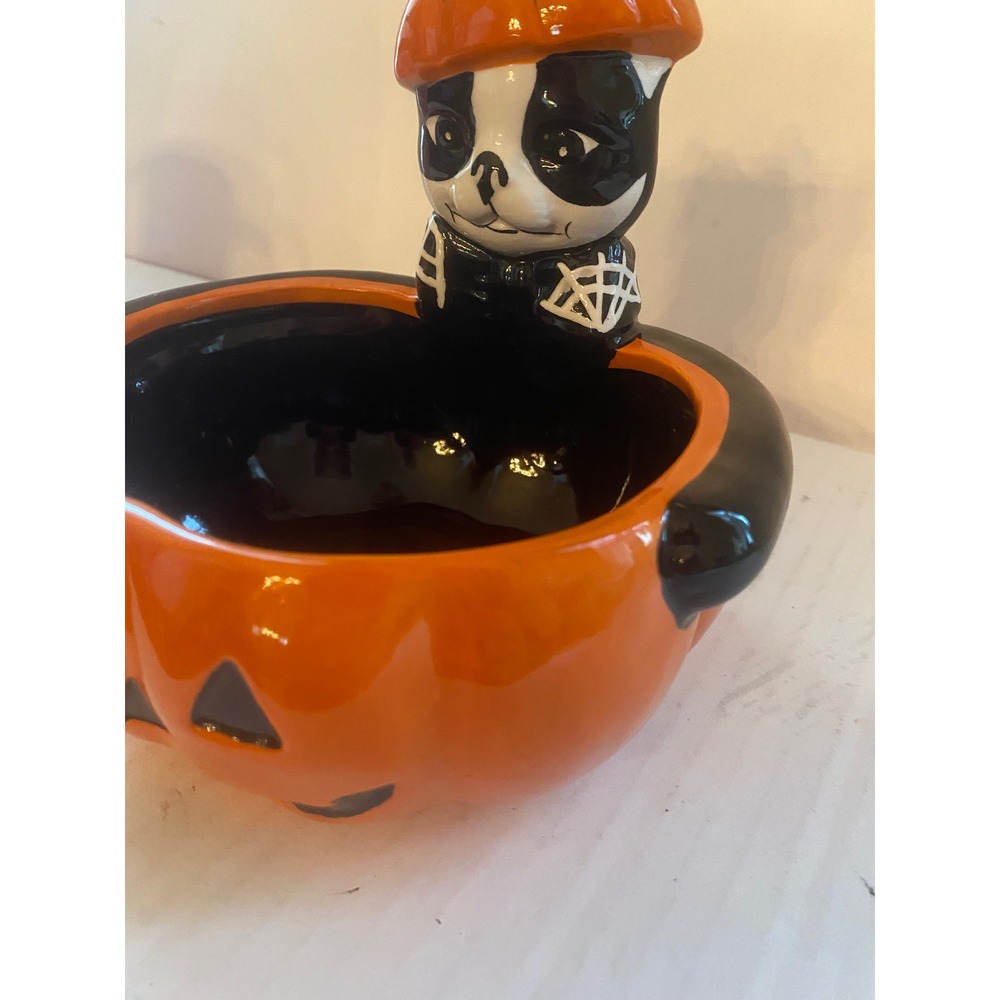 Jack O'Lantern Lane Halloween Boston Terrier Puppy Pumpkin Ceramic Candy Bowl - Picture 3 of 6
